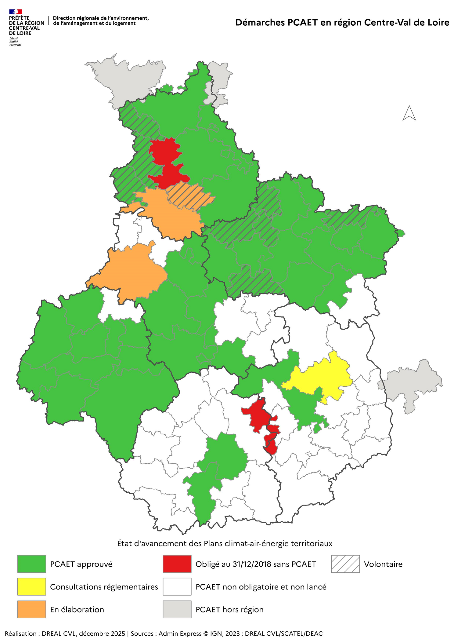 Carte de la région Centre-Val de Loire représentant l’état d’avancement des Plans climat-air-énergie territoriaux par territoire, en décembre 2025. Les différents états d’avancement affichés sont : PCAET approuvé, Consultations réglementaires, En élaboration, Obligé au 31/12/2018 sans PCAET, PCAET obligatoire et non lancé, PCAET hors région, Volontaire.